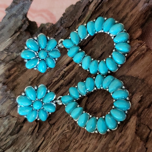 (B) Turquoise Floral Earrings Boho Western Cowgirl Rodeo Vaqueros - Picture 10 of 10